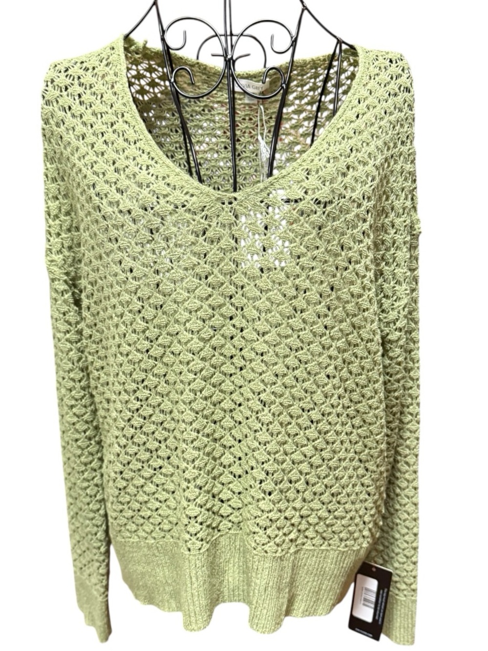 NWT Olivia Grey Light Green Open-Knit V-Neck Sweater cozy medium